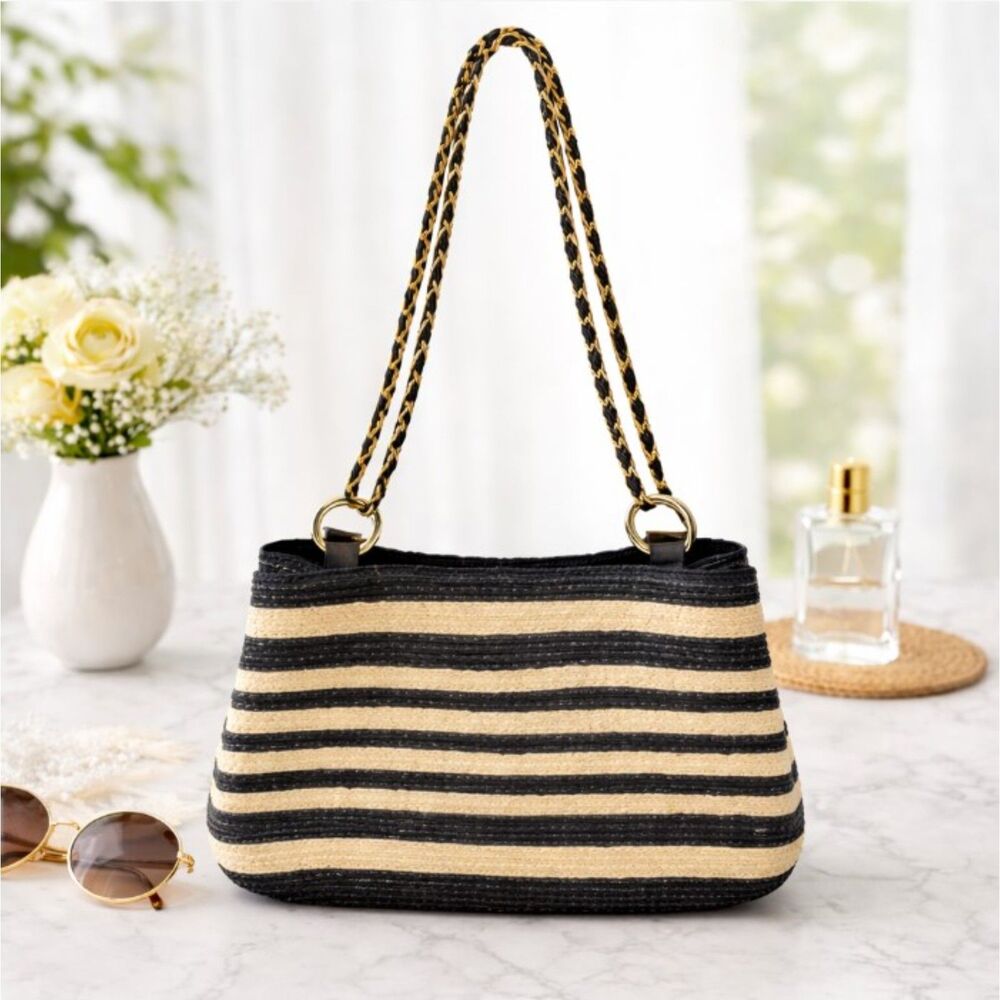 Raffia Straw Shoulder Bag Blue Stripe Nautical Boho Chic Summer Purse